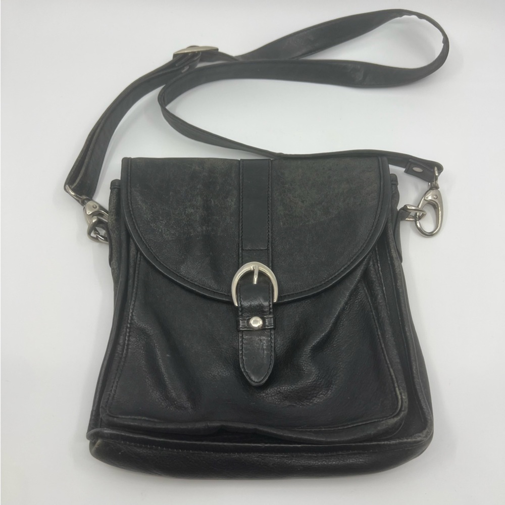 Vintage black leather multi compartment crossbody bag purse